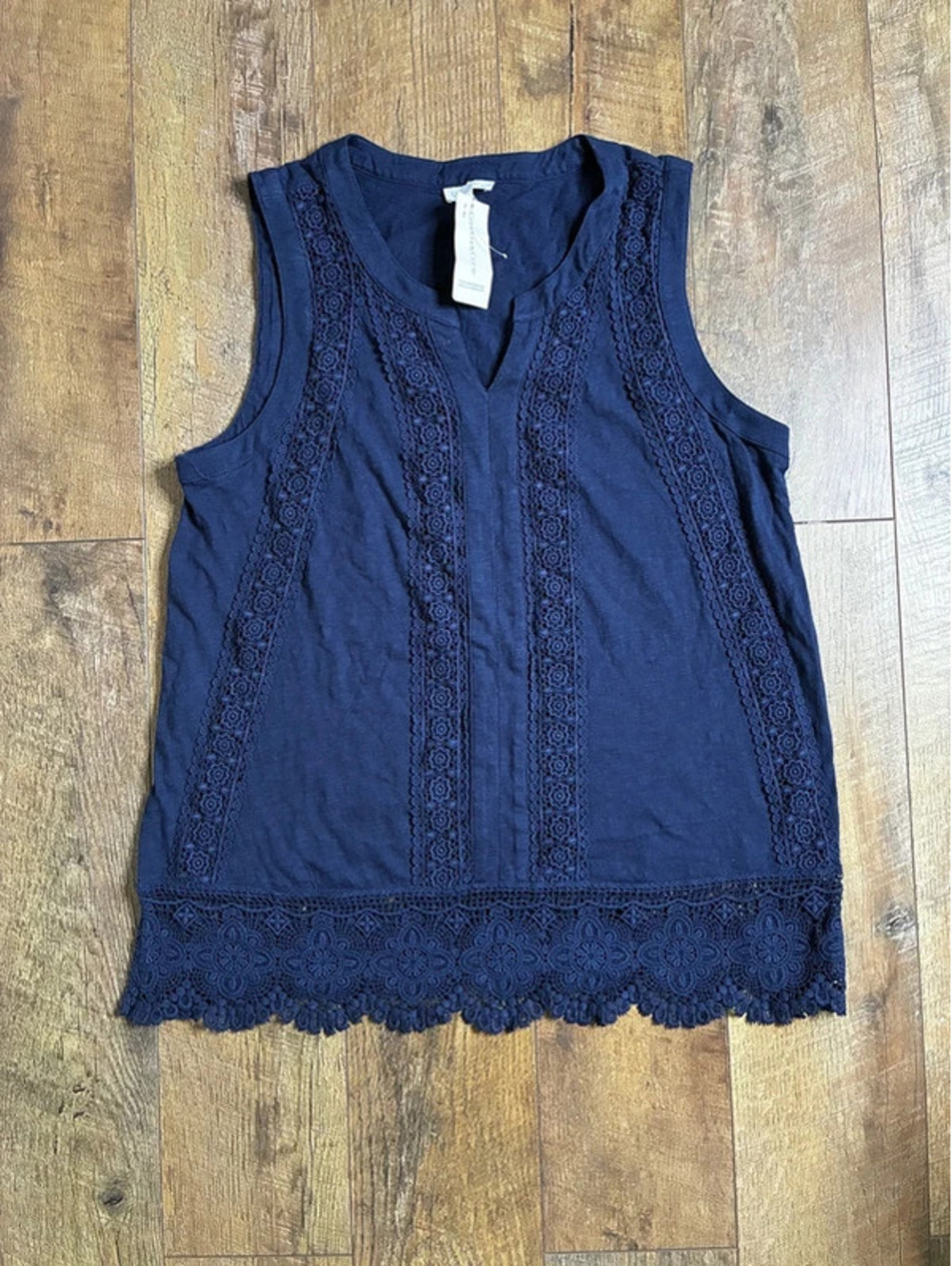 Charter Club Boho Western Navy Blue Crochet Trim Sleeveless Tank Top Blouse XL